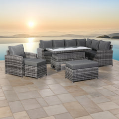 Harmony Range Elite Right Hand Corner Sofa Set with Rising Table and Arm Chair in Grey Rattan