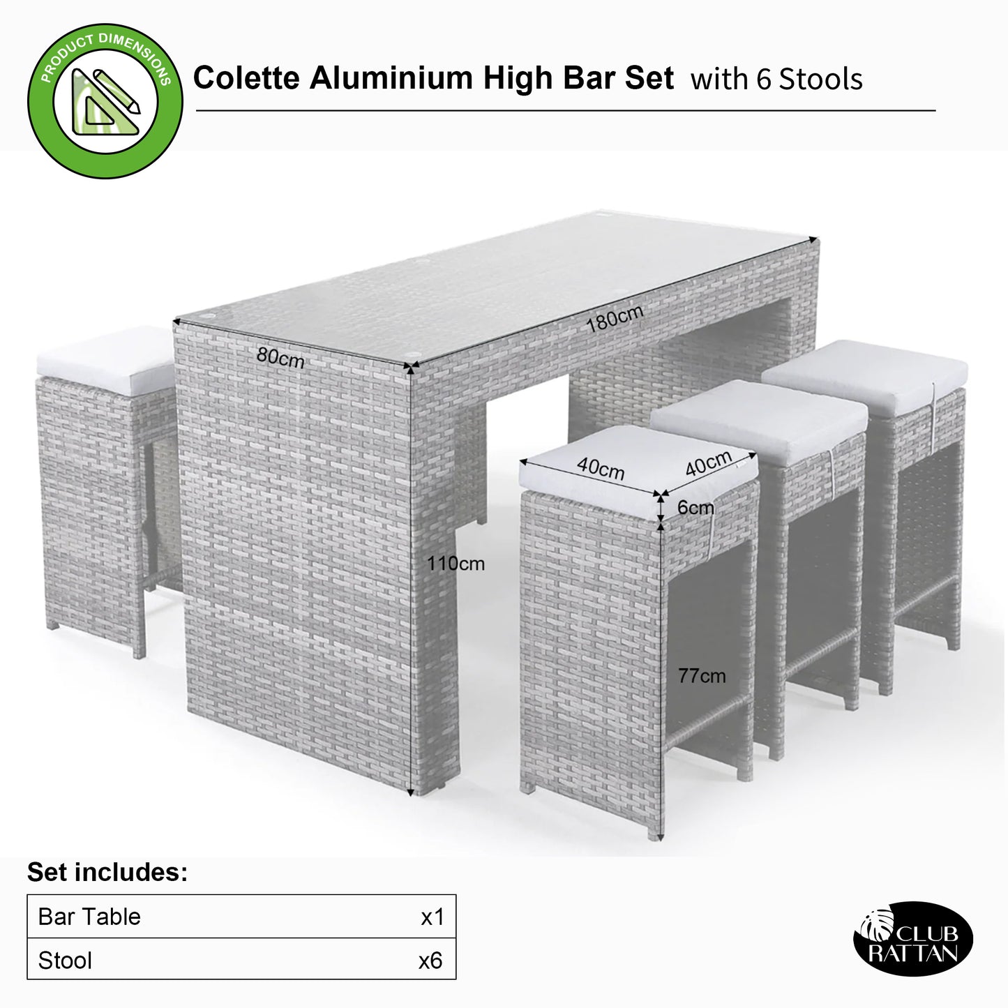 Colette  Aluminium High Bar Set with 6 Stools in Grey Rattan