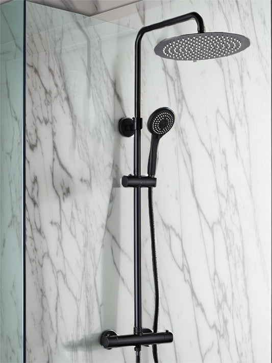 Twist Round Thermostatic Shower Valve, Fixed Head & Handset Shower Set - Matt Black