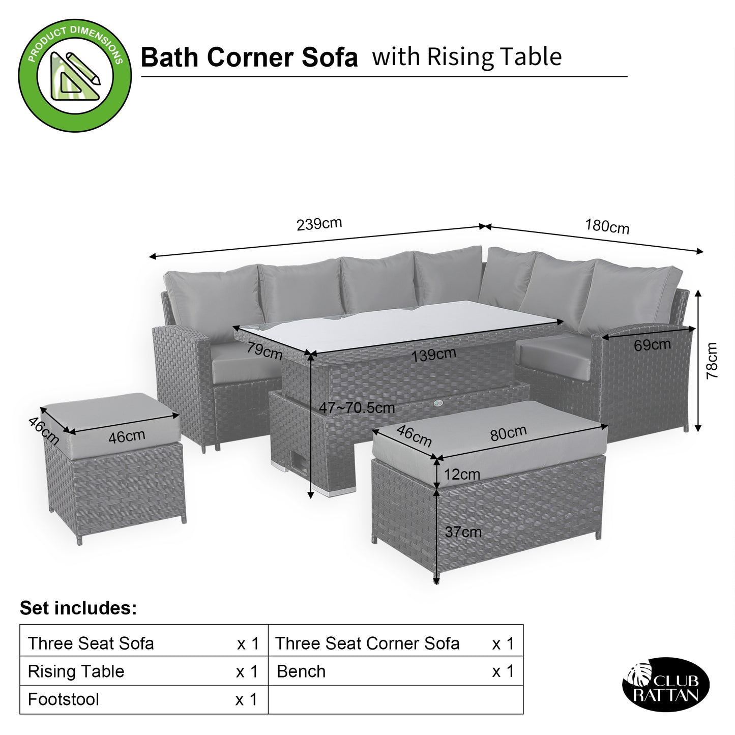 Due in 31/01/25.....Bath Range Right Hand Corner Sofa Set with Rising Table in Large Black Rattan