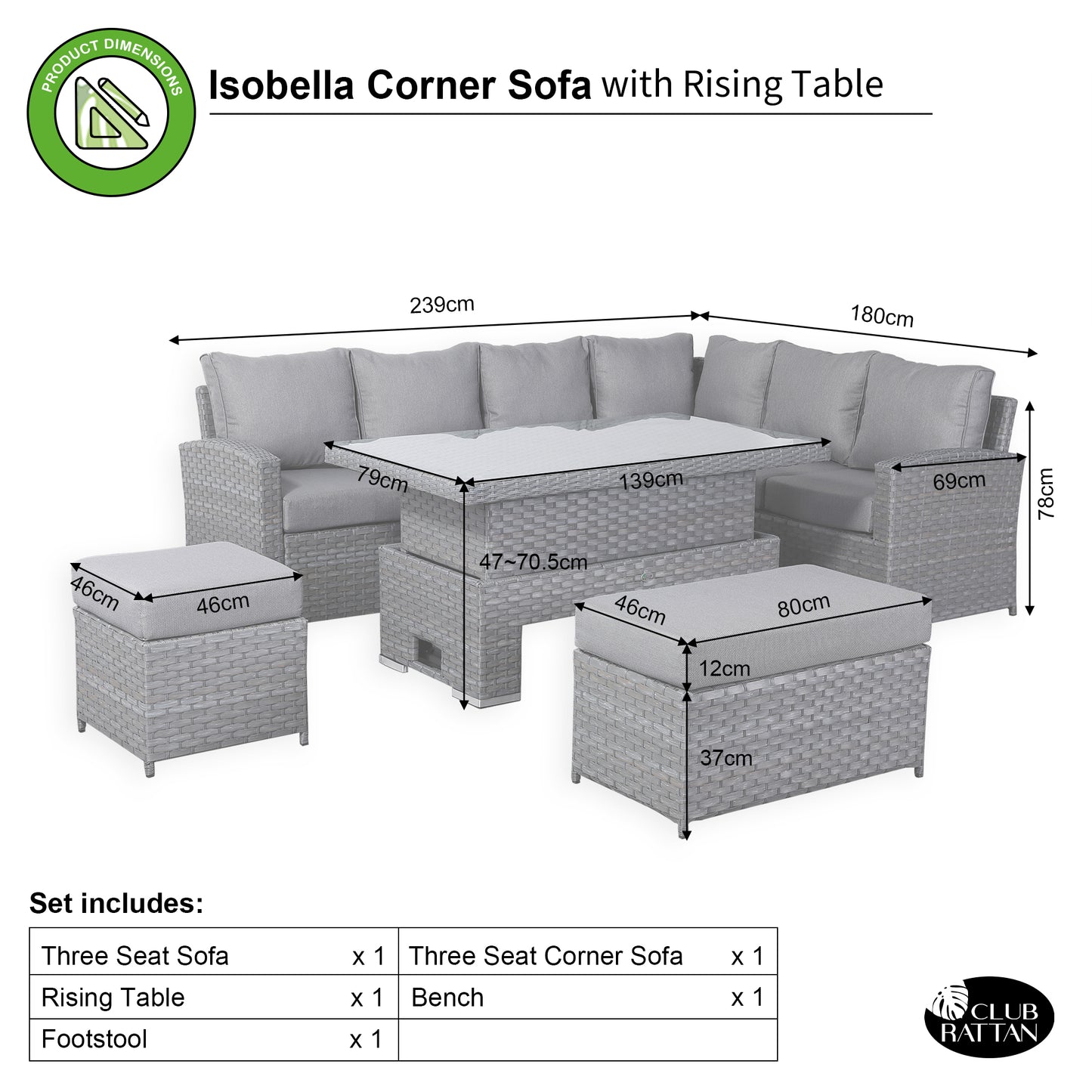 Due in 31/01/25....Isobella Range Right Hand Corner Sofa Set with Rising Table in Preminum Grey Rattan