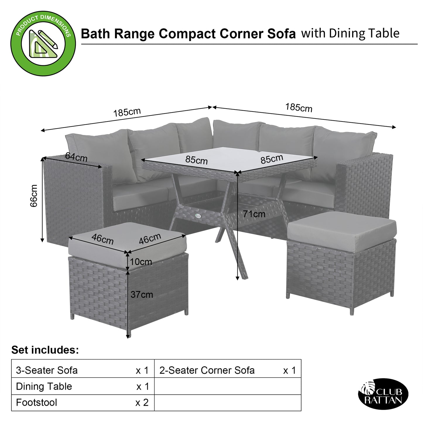 Bath Range Compact Corner Sofa with Dining Table in Black Rattan