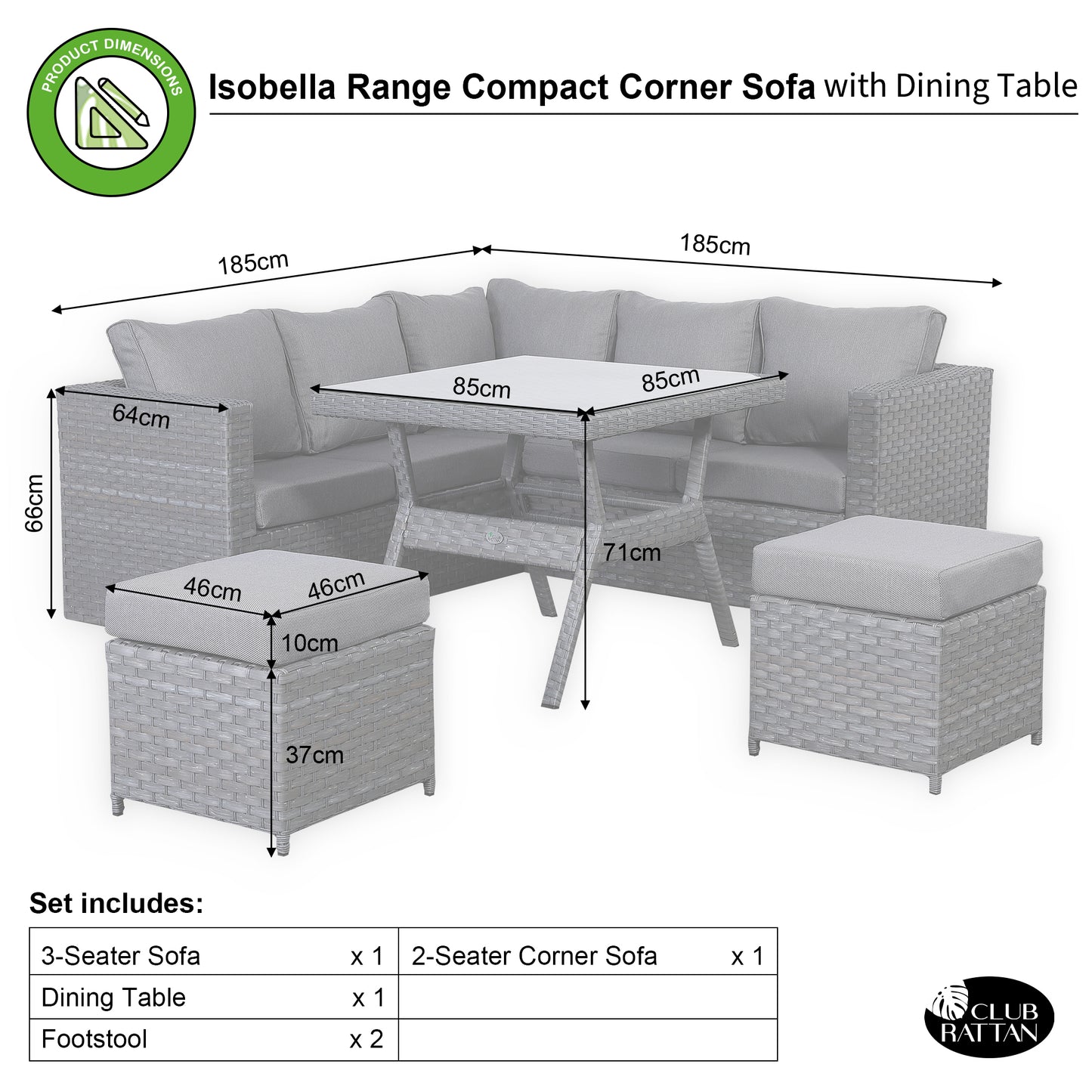 Due in 31/01/25....Isobella Range Compact Corner Sofa with Dining Table in Premium Grey Rattan