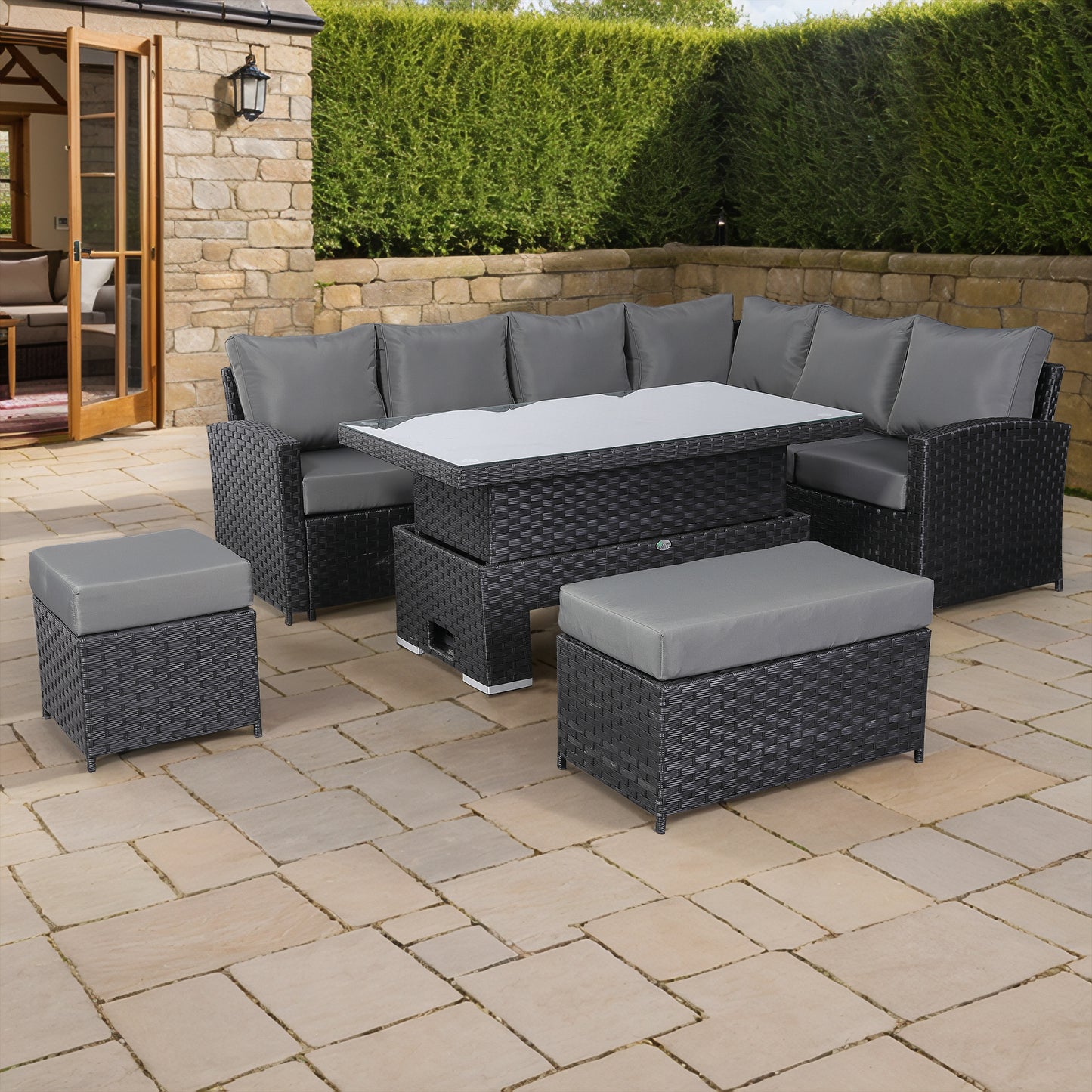 Due in 31/01/25.....Bath Range Right Hand Corner Sofa Set with Rising Table in Large Black Rattan