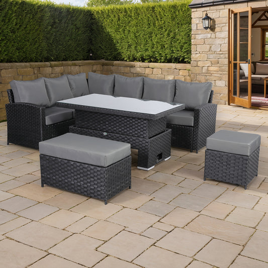 Bath Range Left Hand Corner Sofa Set with Rising Table in Large Black Rattan