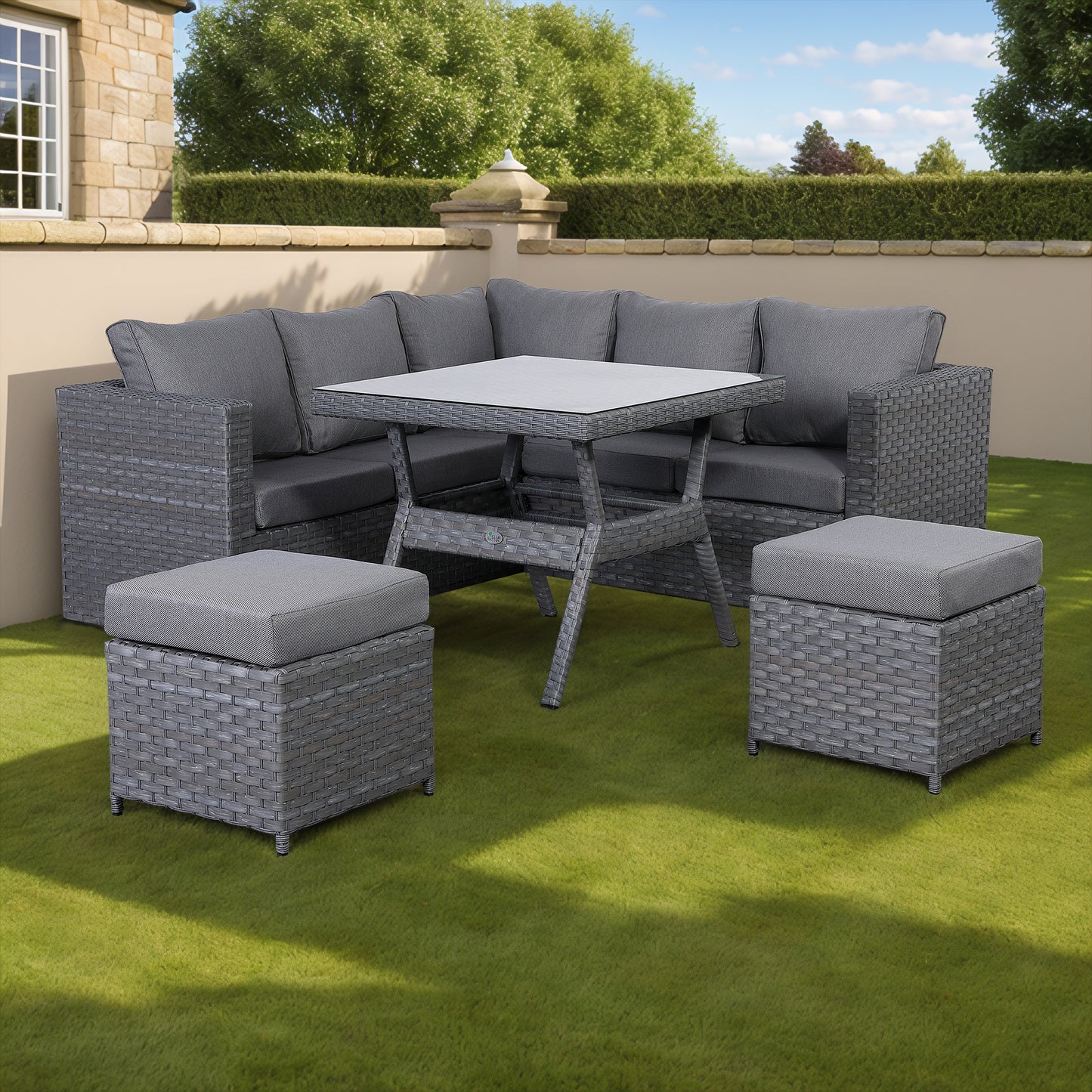 Due in 31/01/25....Isobella Range Compact Corner Sofa with Dining Table in Premium Grey Rattan