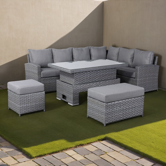 Due in 31/01/25....Isobella Range Right Hand Corner Sofa Set with Rising Table in Preminum Grey Rattan