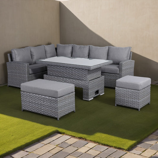 Due in 31/01/25....Isobella Range Left Hand Corner Sofa Set with Rising Table in Preminum Grey Rattan