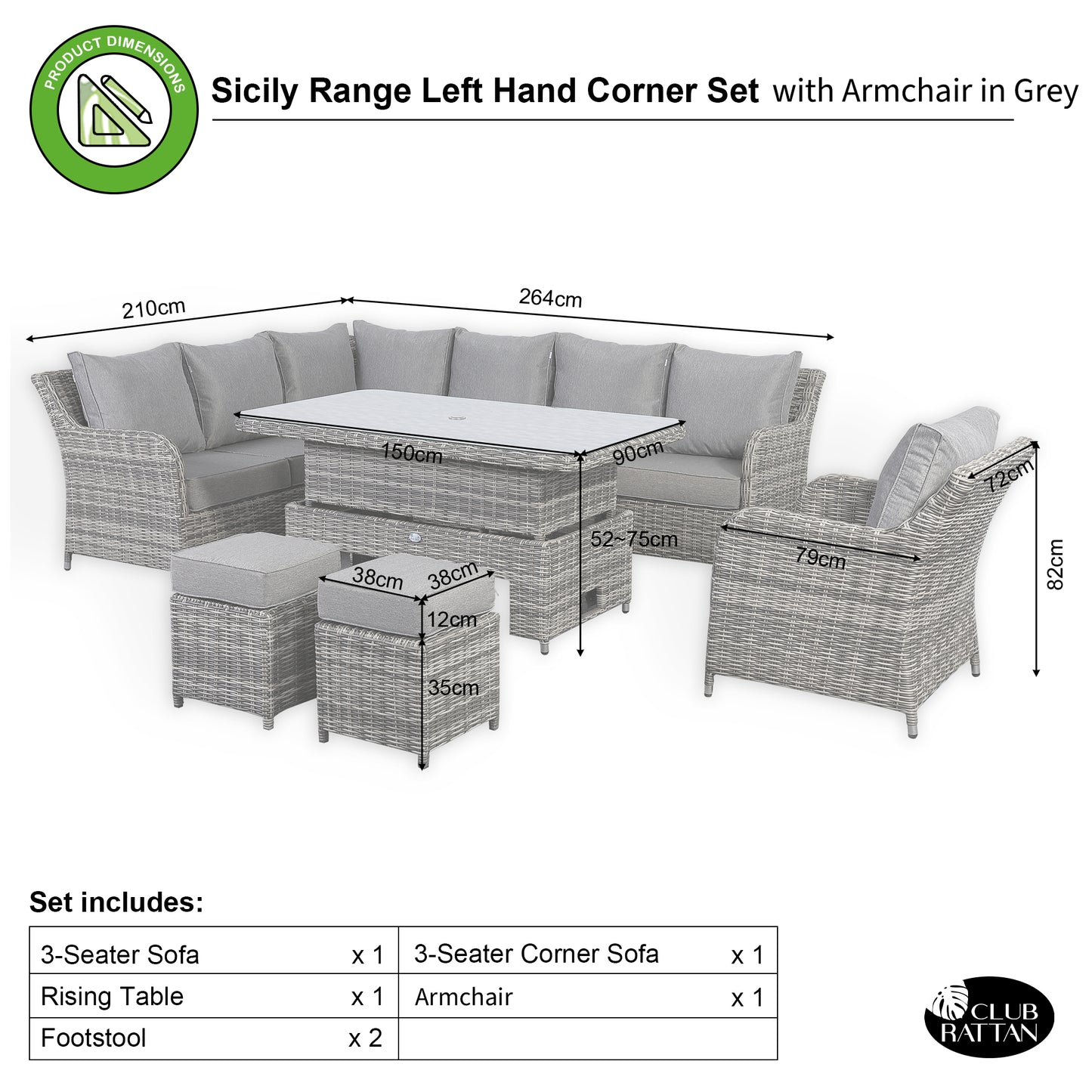 Due in 28/02/25....Sicily Range Aluminium Left Hand Corner Set with Rising Table and Arm Chair in Half Round Grey Weave