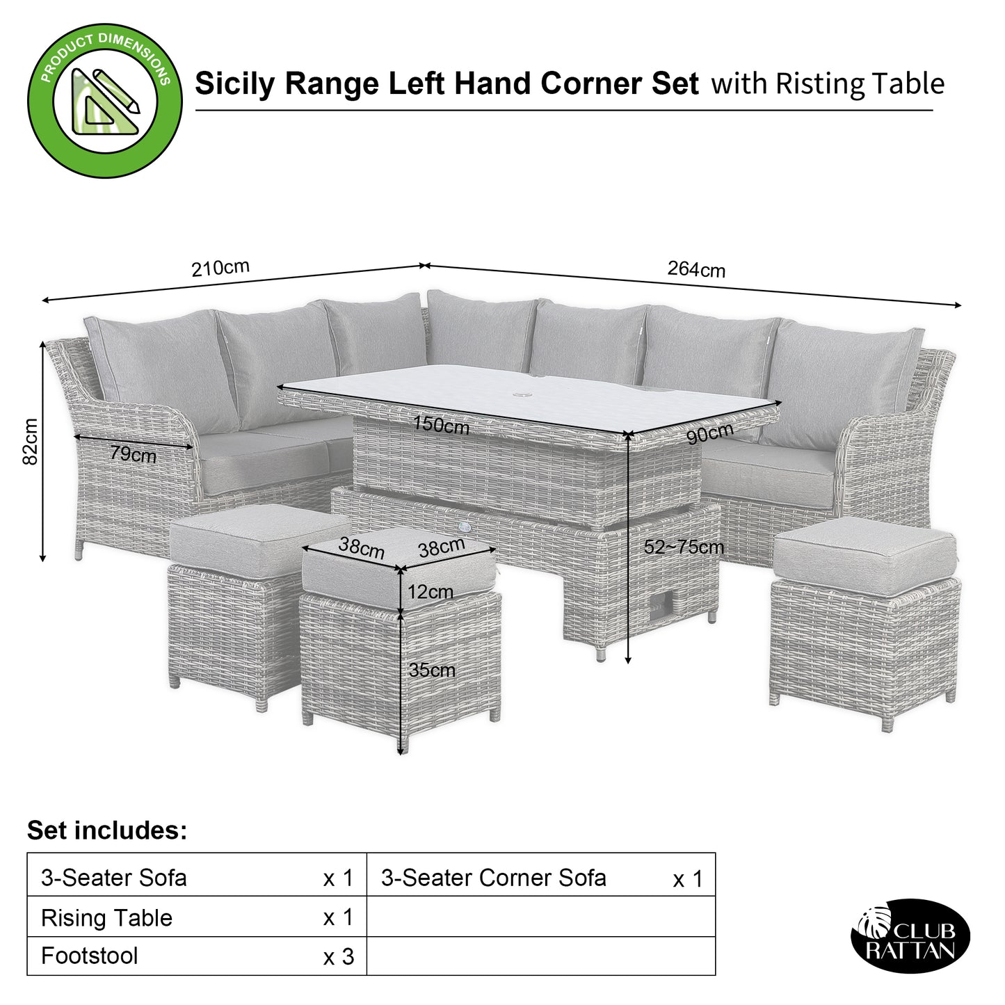 Due in 25/02/25....Sicily Range Aluminium Left Hand Corner Set with Rising Table in Half Round Grey Weave