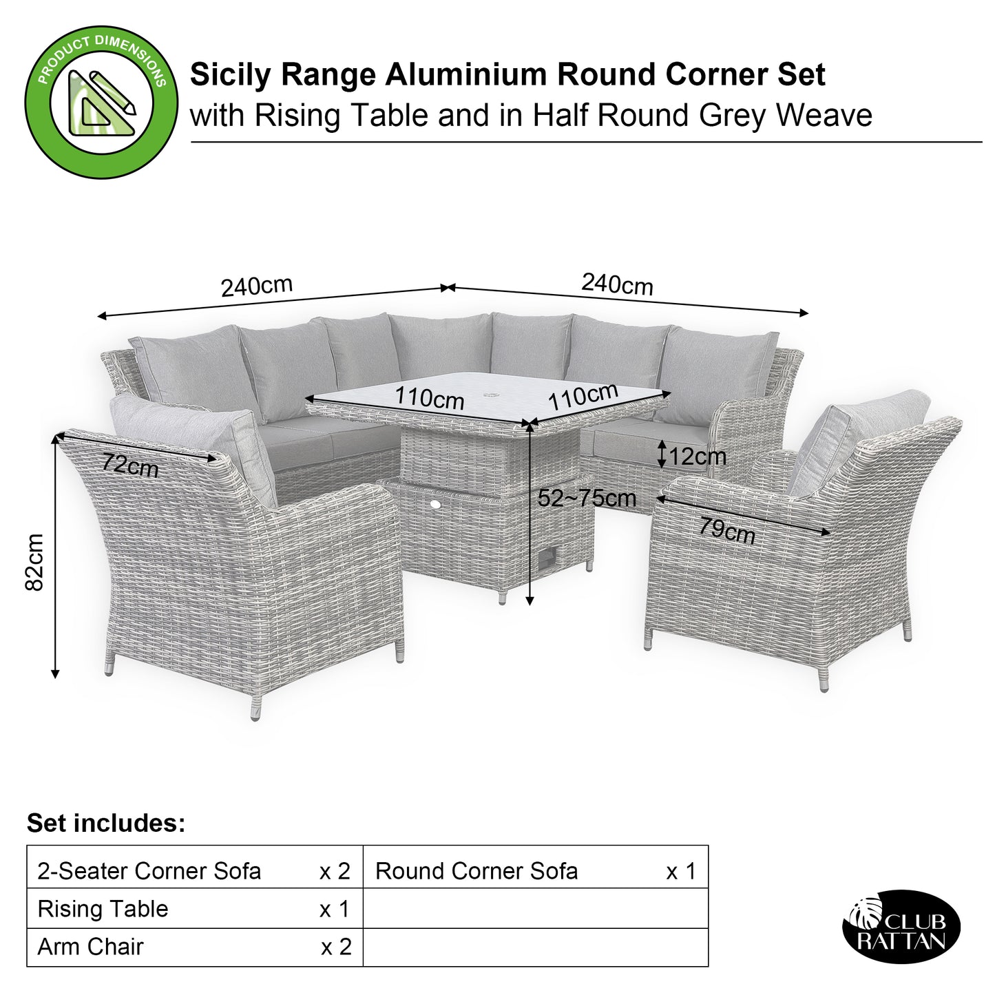 Sicily Range Aluminium Round Corner Set with Rising Table and Two Chairs in Half Round Grey Weave