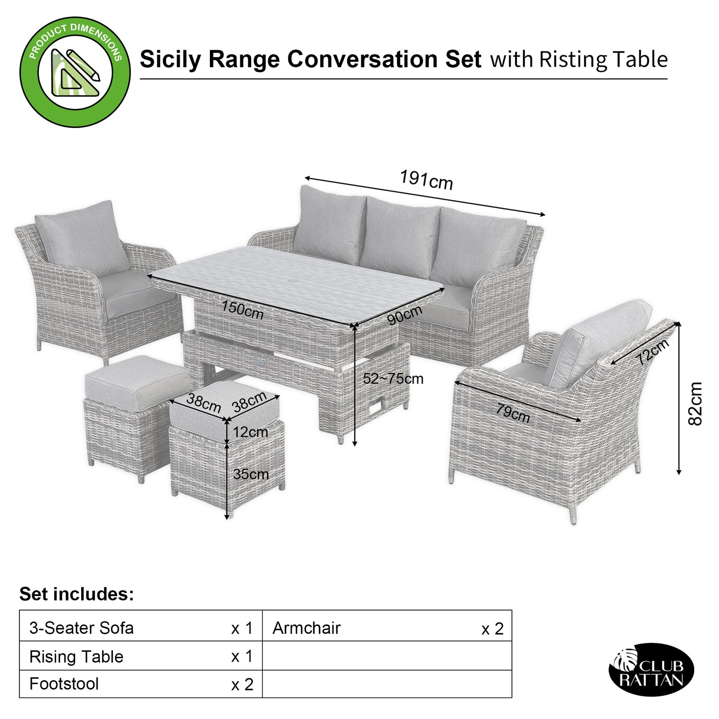 Due in 25/02/25....Sicily Range Aluminium Large Sofa Set with Rising Table in Half Round Grey Weave