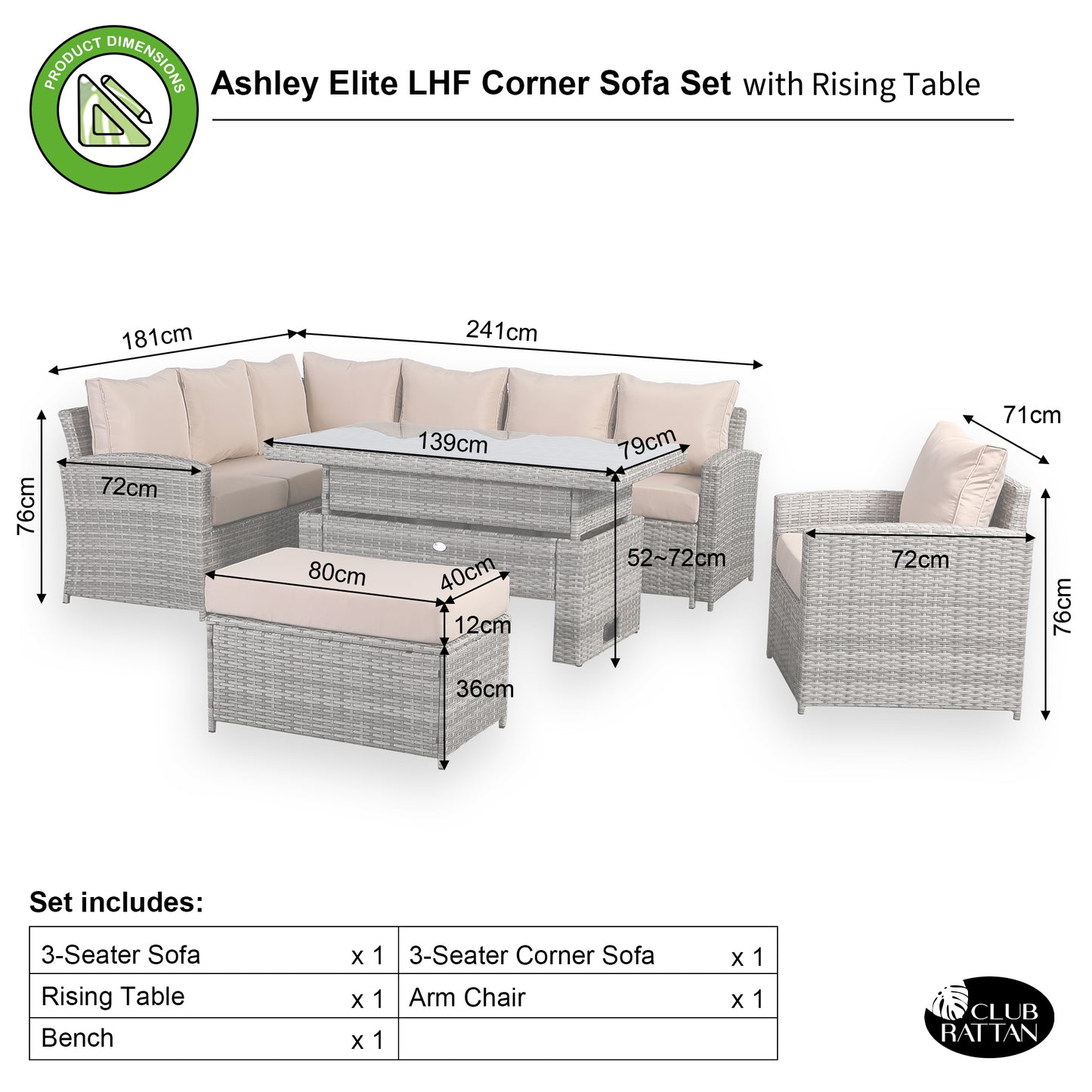 Due in 01/03/25 Ashley Range Elite Left Hand Corner Sofa Set with Rising Table in Light Grey Rattan (804PLUS)