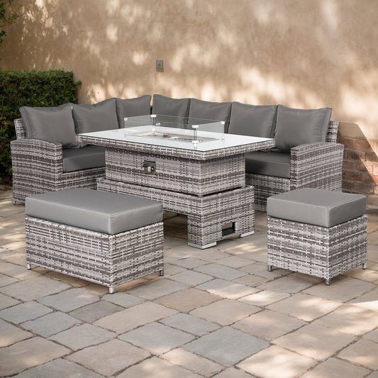 Due in 15/07/25...Harmony Range High Back Left Hand Corner Sofa Set with Fire Pit Rising Table in Grey Waeve