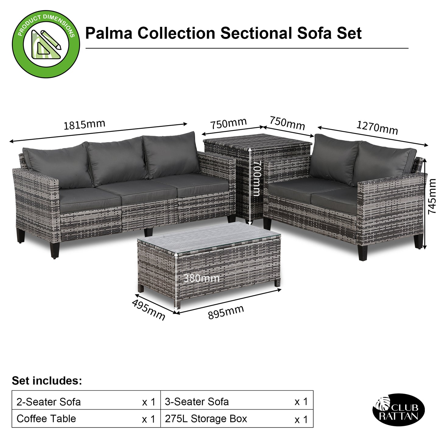 Palma Range Corner Sofa Sets with Storage Box in Grey Rattan and Grey Cushions