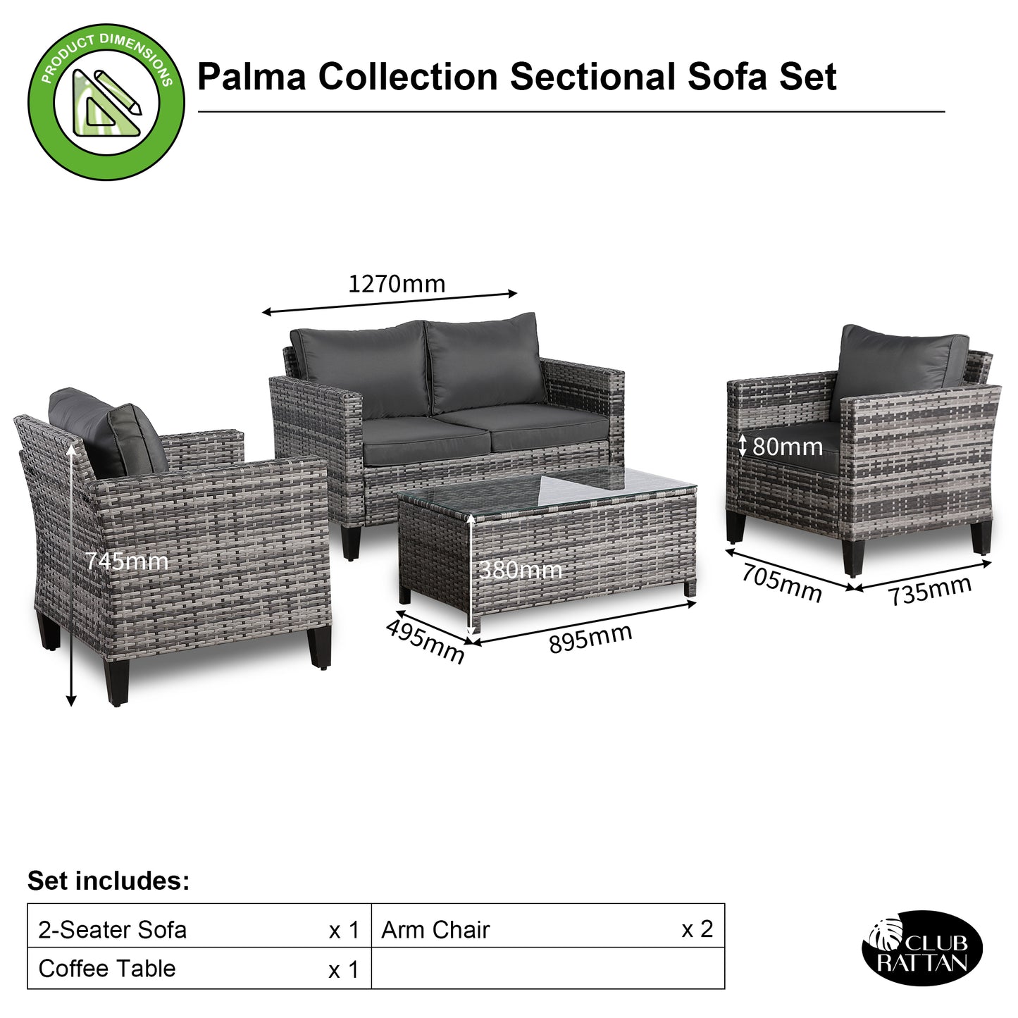 Palma Range Standard Sofa Set in Grey Rattan and Grey Cushions
