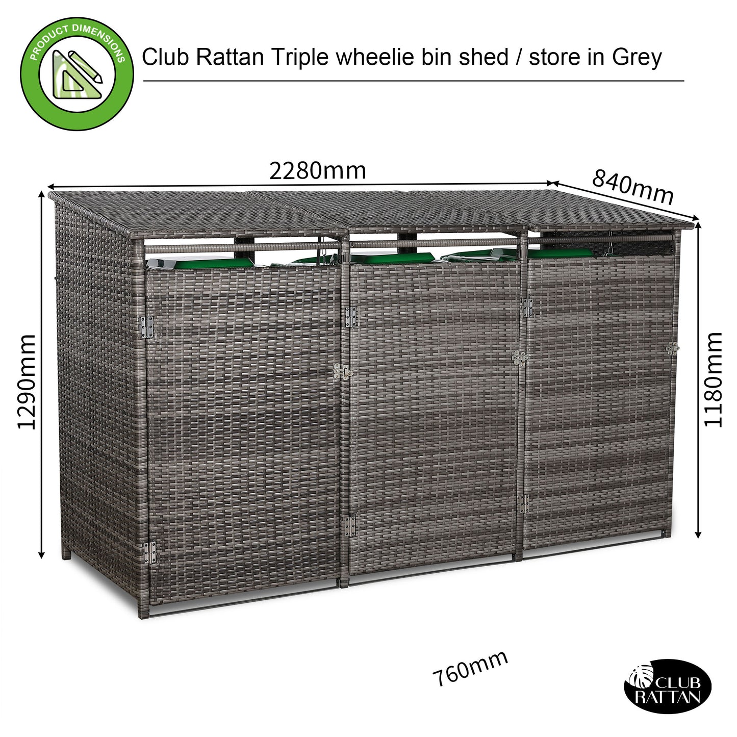 Club Rattan wheelie bins shed / store in Grey Rattan Weave (WBS-3G)