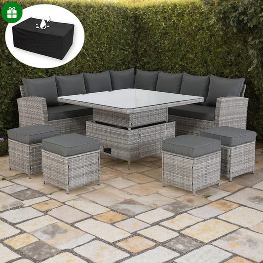 Bristol Range 11 Seater L-Shape Rattan Garden Furniture Set | All-Weather Corner Sofa Dining Set with Free Rain Cover