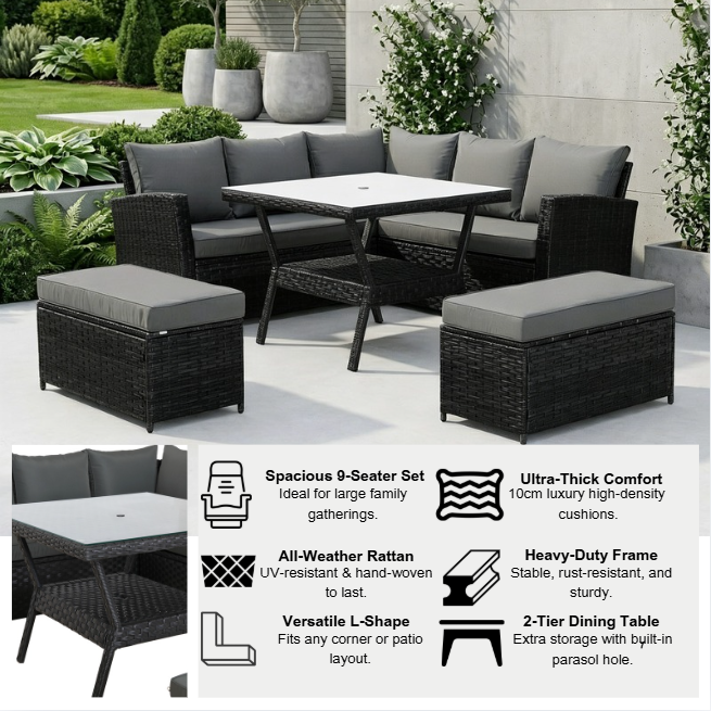 Bath High Back Range 9 Seater Rattan Garden Furniture Set | All-Weather Sofa & Dining Set with Free Rain Cover
