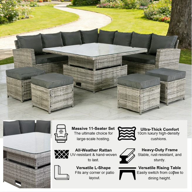 Bristol Range 11 Seater L-Shape Rattan Garden Furniture Set | All-Weather Corner Sofa Dining Set with Free Rain Cover