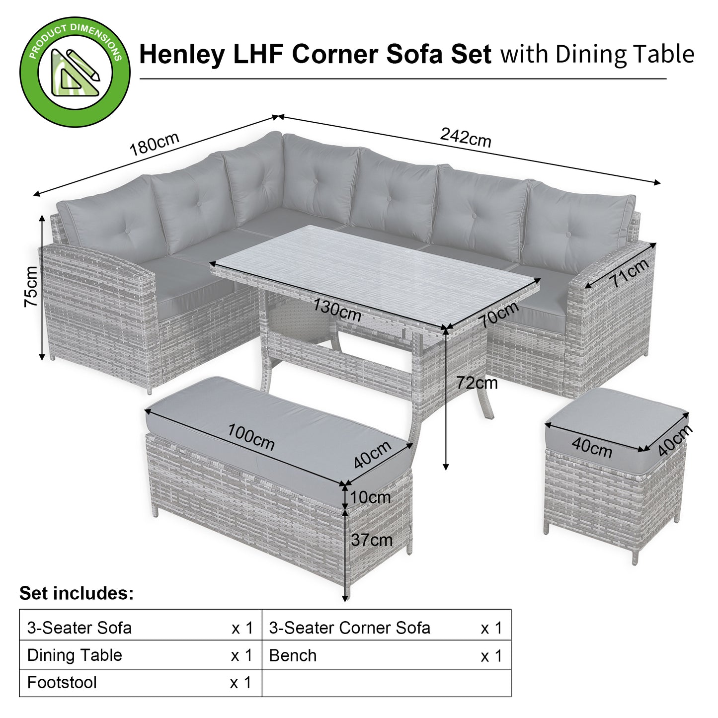 Henley Lhf Corner Sofa Set with Dining Table in Grey Rattan