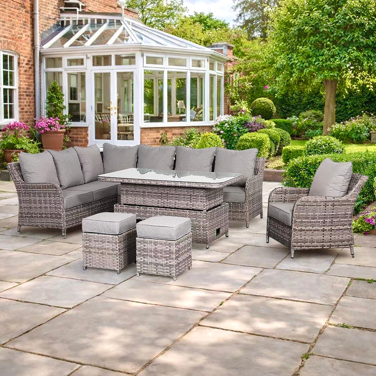Sicily Range Aluminium Left Hand Corner Set with Rising Table and Arm Chair in Half Round Grey Weave