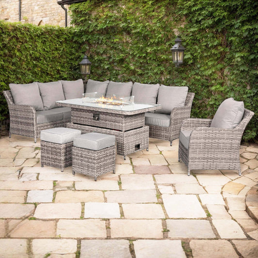 Due in 10/08/25...Sicily Range Aluminium Left Hand Corner Set with Fire Pit Rising Table and Arm Chair in Grey Weave