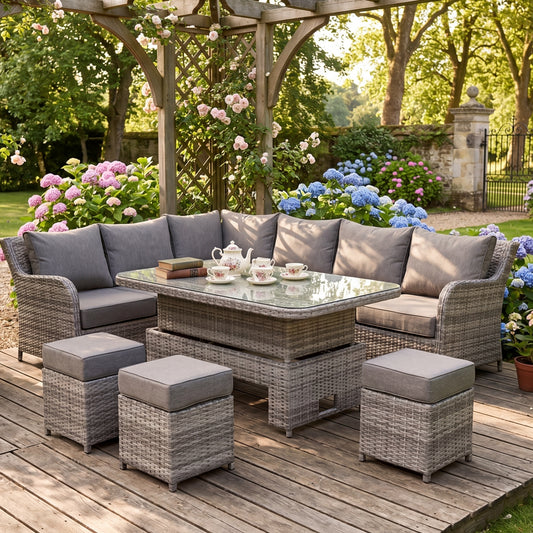 Sicily Range Aluminium Left Hand Corner Set with Rising Table in Rustic Grey Weave