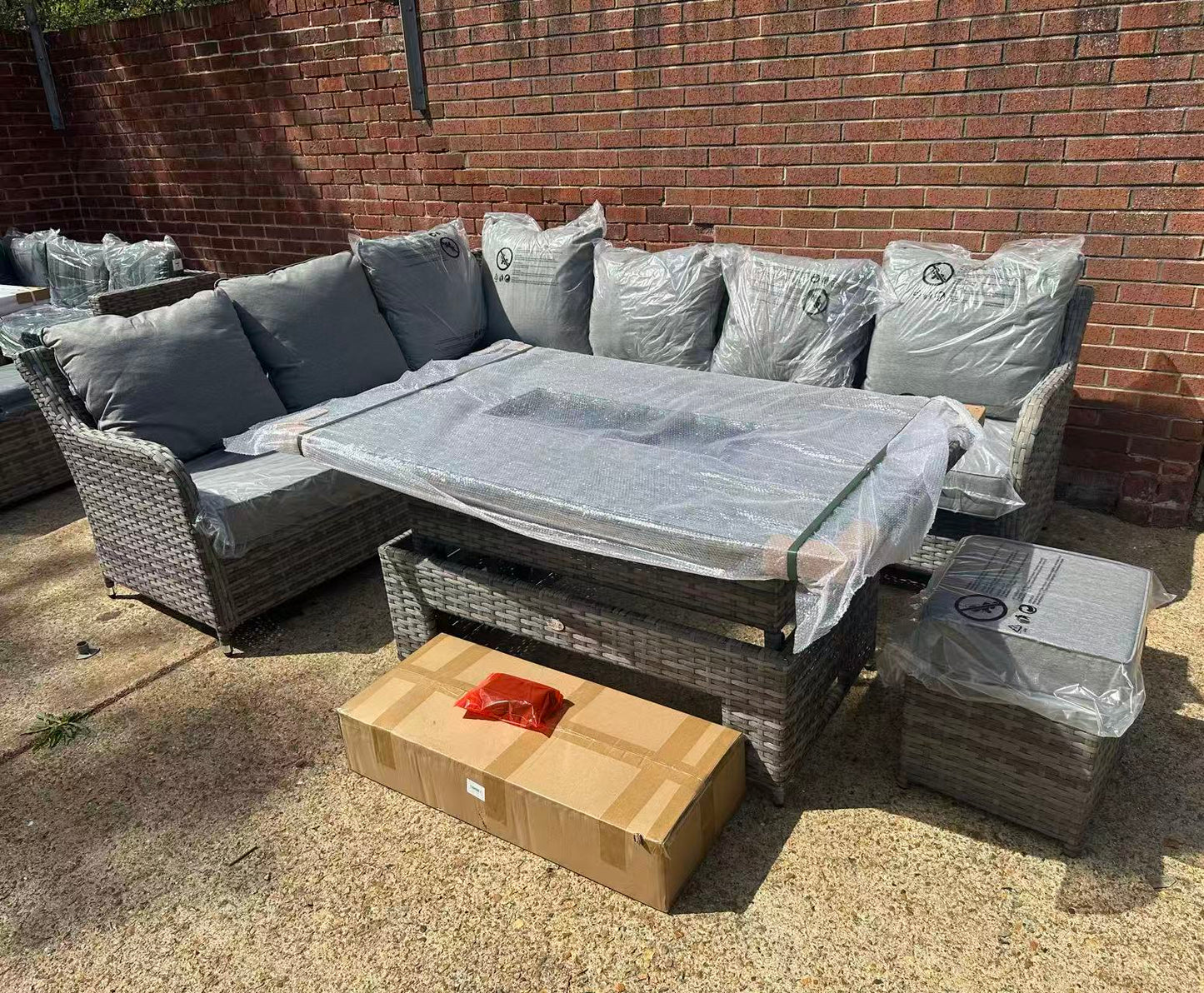 CLEARANCE | Sicily Range Aluminium Left Hand Corner Set with FIRE PIT Rising Table in Rustic Grey Weave