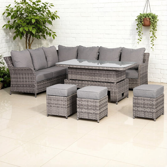 Sicily Range Aluminium Left Hand Corner Set with Rising Table in Rustic Grey Weave