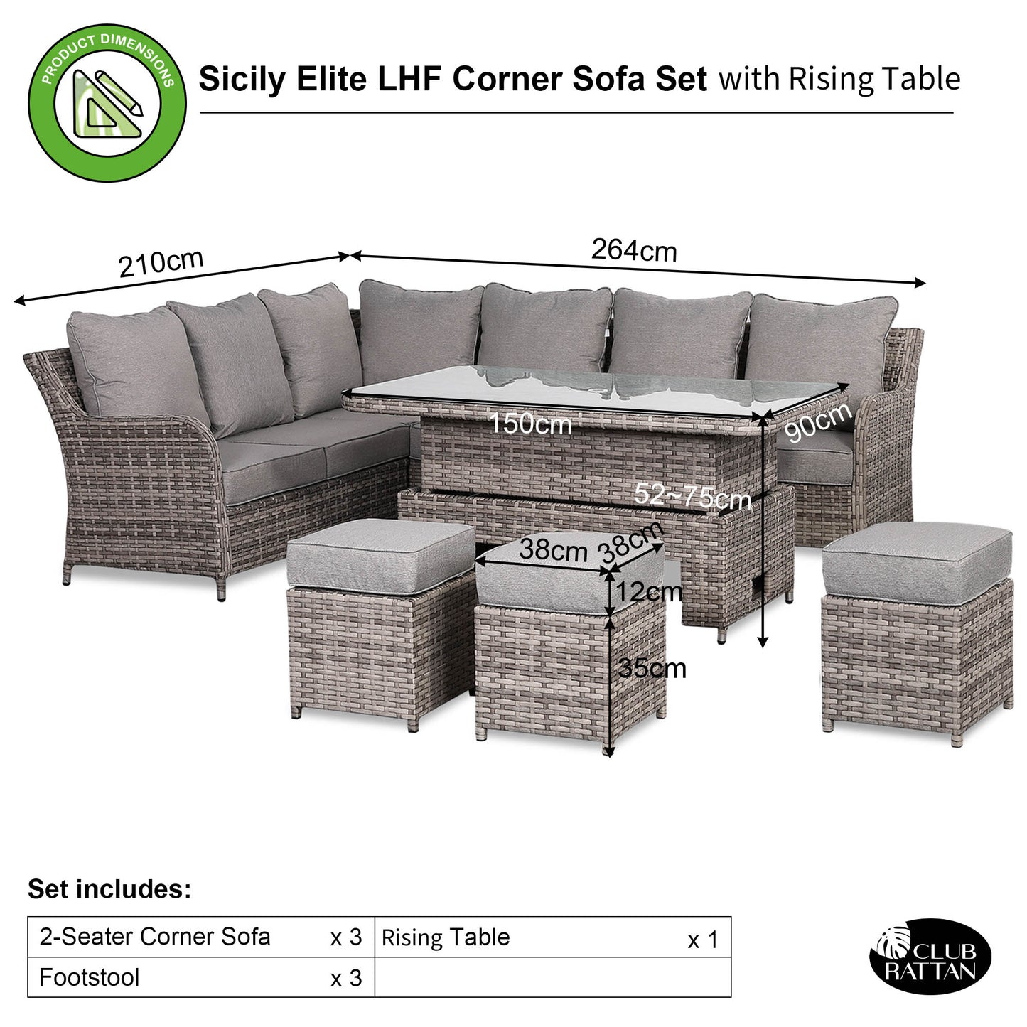 Sicily Range Aluminium Left Hand Corner Set with Rising Table in Rustic Grey Weave