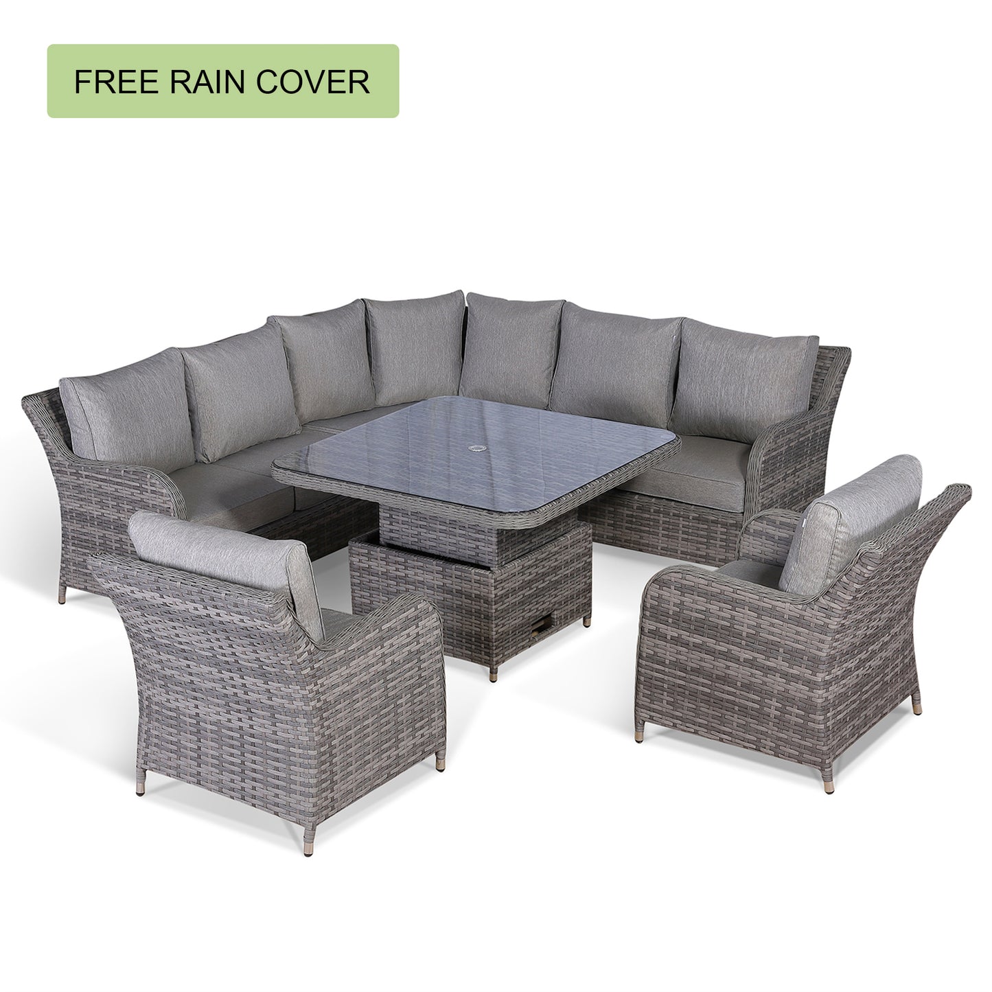 Sicily Range Aluminium Round Corner Set with Rising Table and Two Chairs in Grey Weave