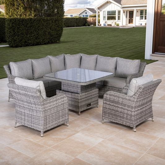 Sicily Range Aluminium Round Corner Set with Rising Table and Two Chairs in Grey Weave