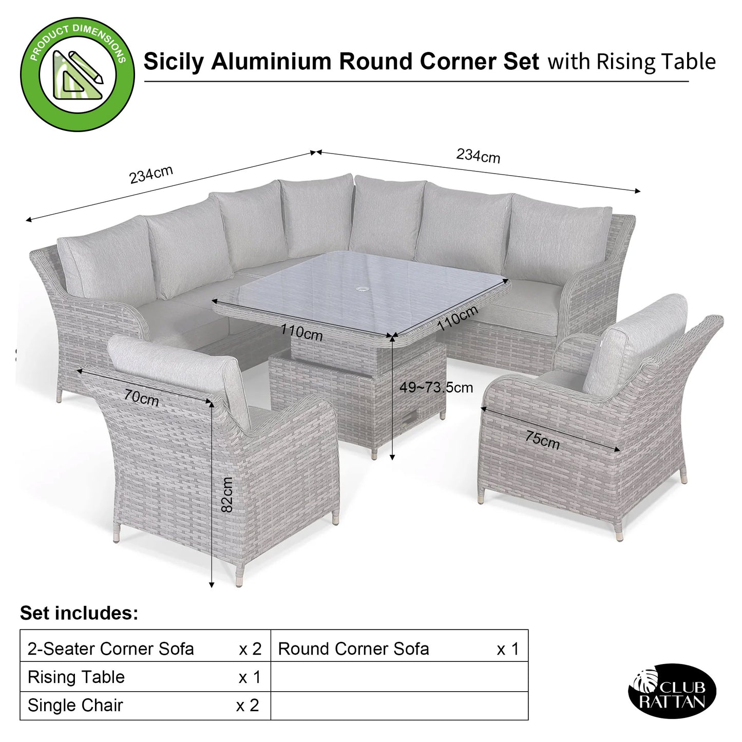 Sicily Range Aluminium Round Corner Set with Rising Table and Two Chairs in Grey Weave