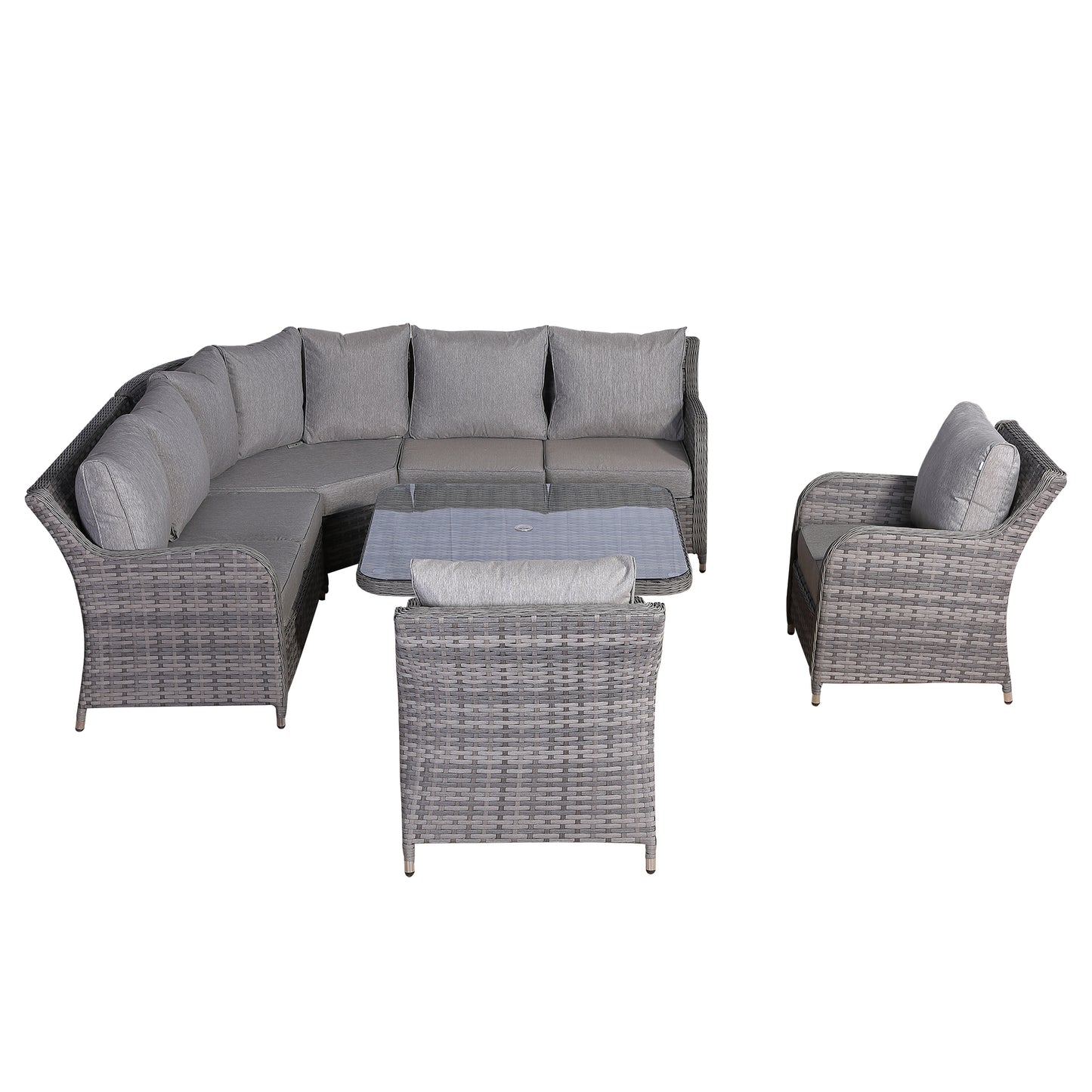 Sicily Range Aluminium Round Corner Set with Rising Table and Two Chairs in Grey Weave