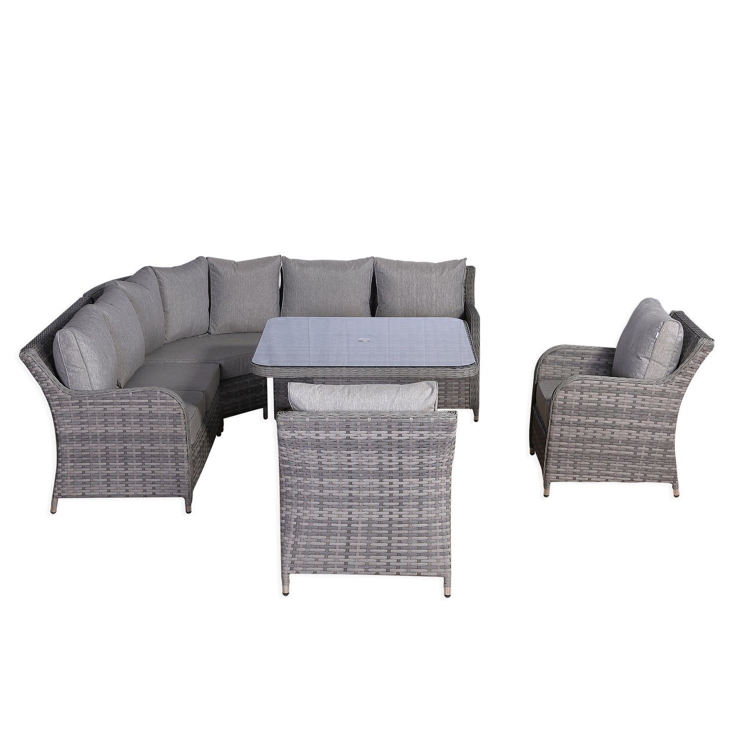 Sicily Range Aluminium Round Corner Set with Rising Table and Two Chairs in Grey Weave