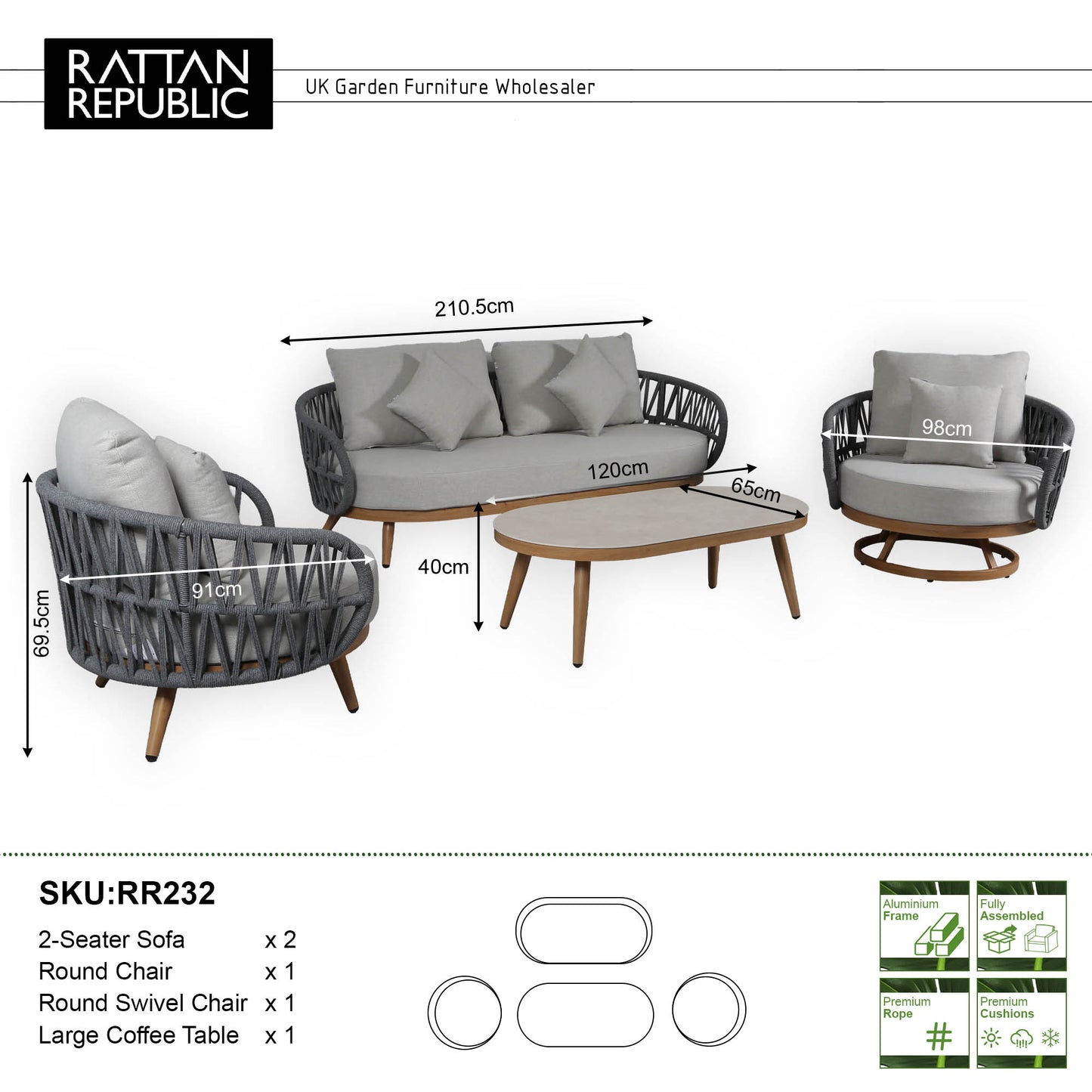 Luna Range Dark Grey Rope Sofa Set with Grey Cushions