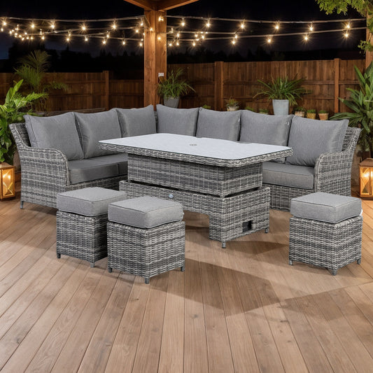 Due in 25/02/25....Sicily Range Aluminium Left Hand Corner Set with Rising Table in Half Round Grey Weave