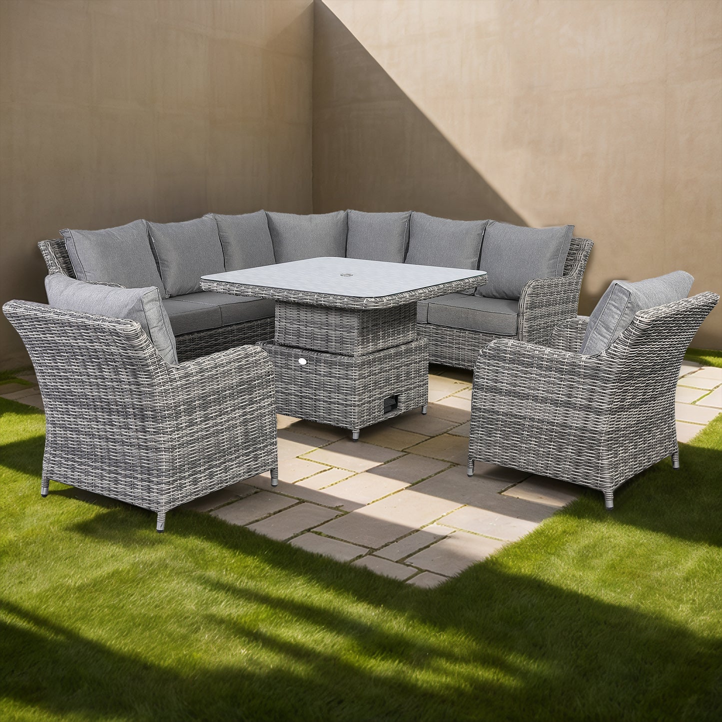 Sicily Range Aluminium Round Corner Set with Rising Table and Two Chairs in Half Round Grey Weave