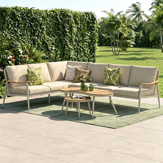 Berne Range Modular Corner Sofa Rope Set with 2 Coffee Tables with Teak Wood Top