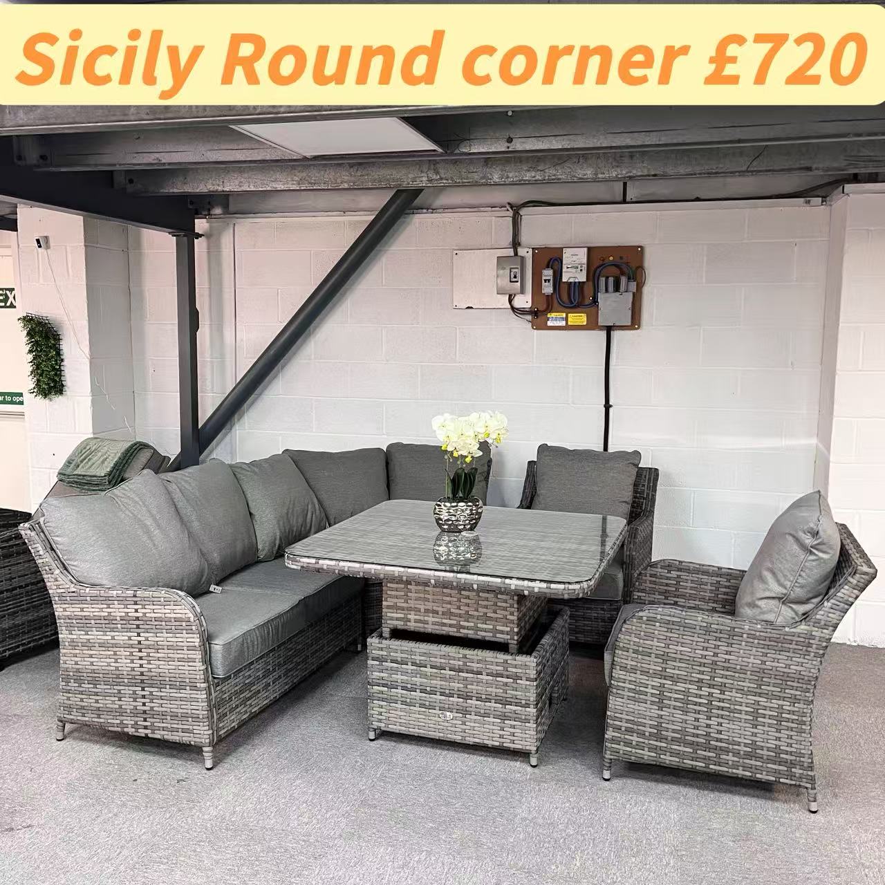 Clearance in shop- Sale as shown--Sicily Range Aluminium Round Corner Set with Rising Table and Two Chairs in Grey Weave