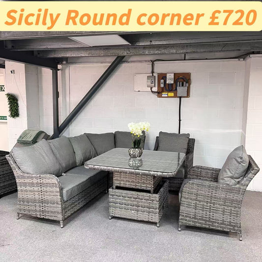 Clearance in shop- Sale as shown--Sicily Range Aluminium Round Corner Set with Rising Table and Two Chairs in Grey Weave