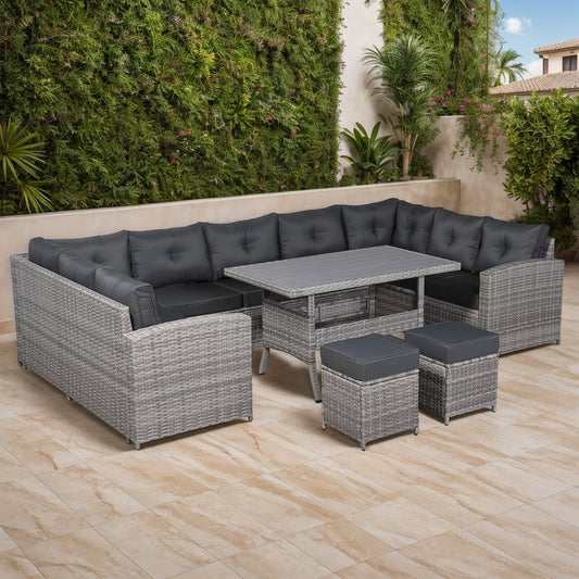 Charing Range Large U-Shape Corner Sofa Set with Dinning Table in Beige Grey Rattan