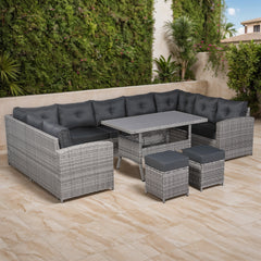 Charing Range Large U-Shape Corner Sofa Set with Dinning Table in Beige Grey Rattan