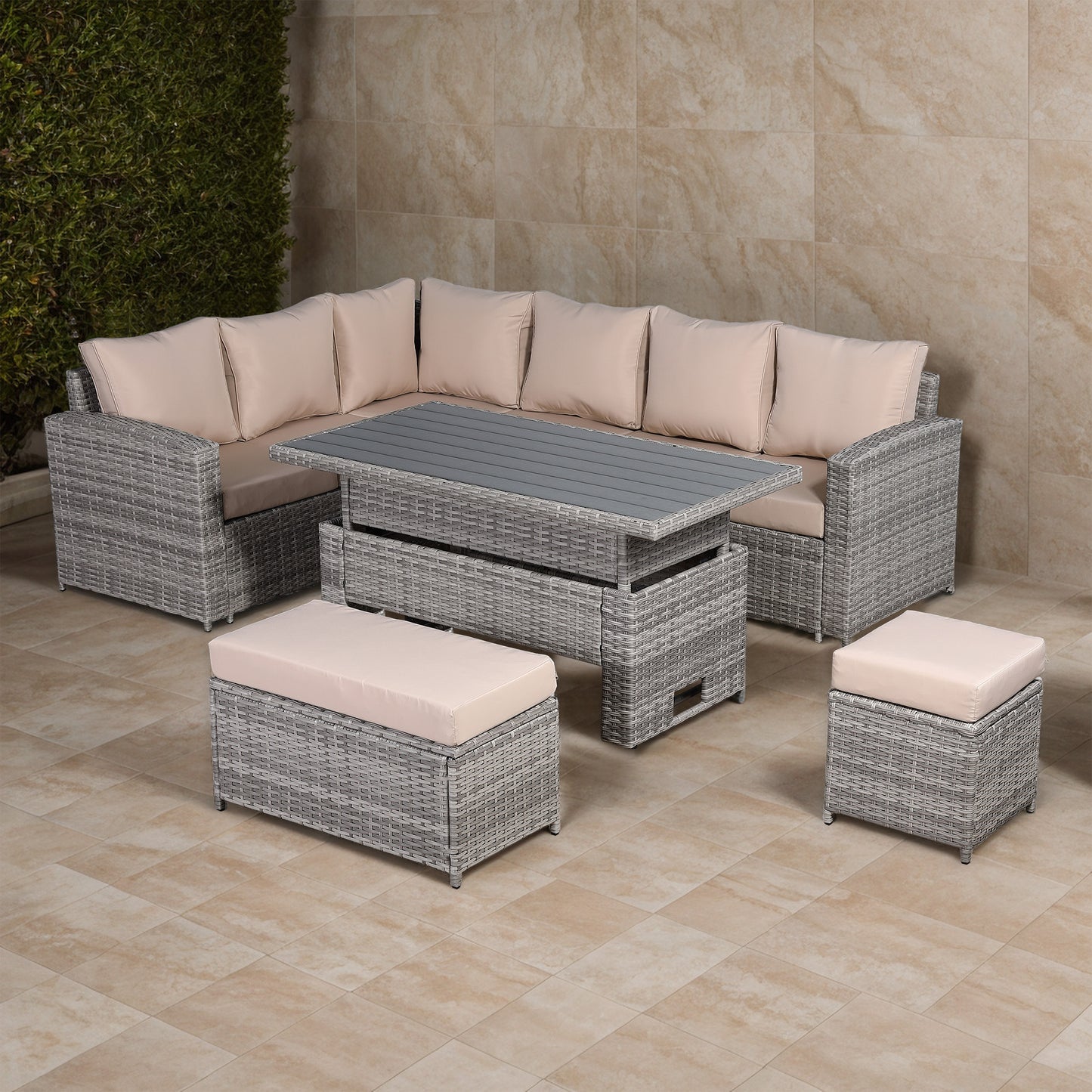 Ashley Range Left Hand Corner Sofa Set with Rising Table in Light Grey Rattan (M4)