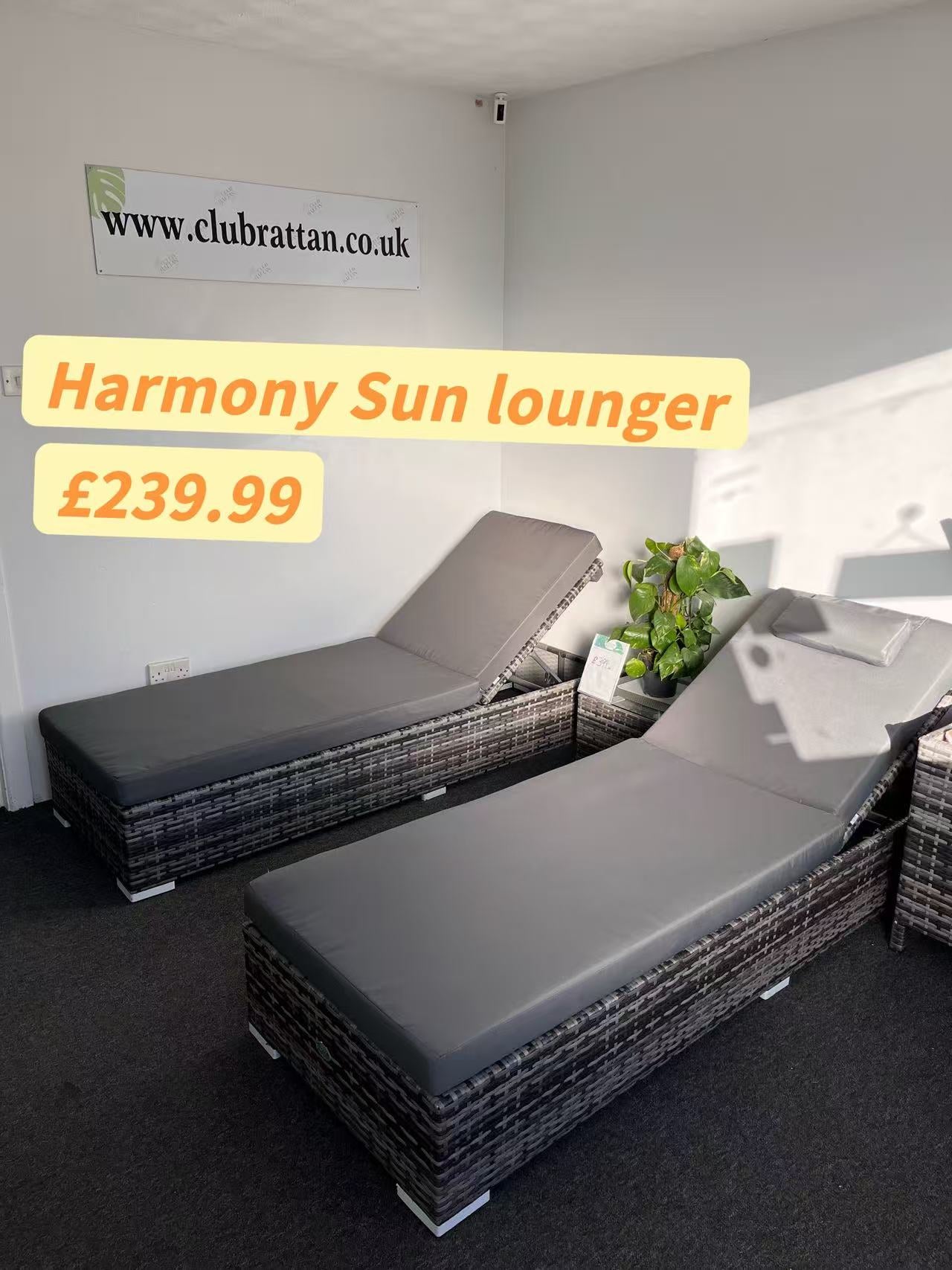 Clearance in shop, sale as shown--Harmony Range Sun Loungers Set with Side Table in Grey Rattan  and Grey Cushions