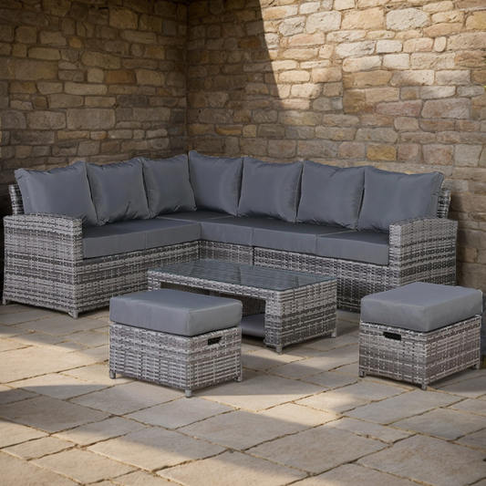 Harmony Corner Sofa with Coffee Table and 2 Footstools in Grey Weave