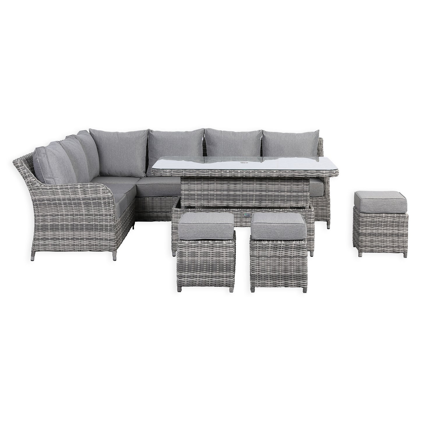 Due in 25/02/25....Sicily Range Aluminium Left Hand Corner Set with Rising Table in Half Round Grey Weave