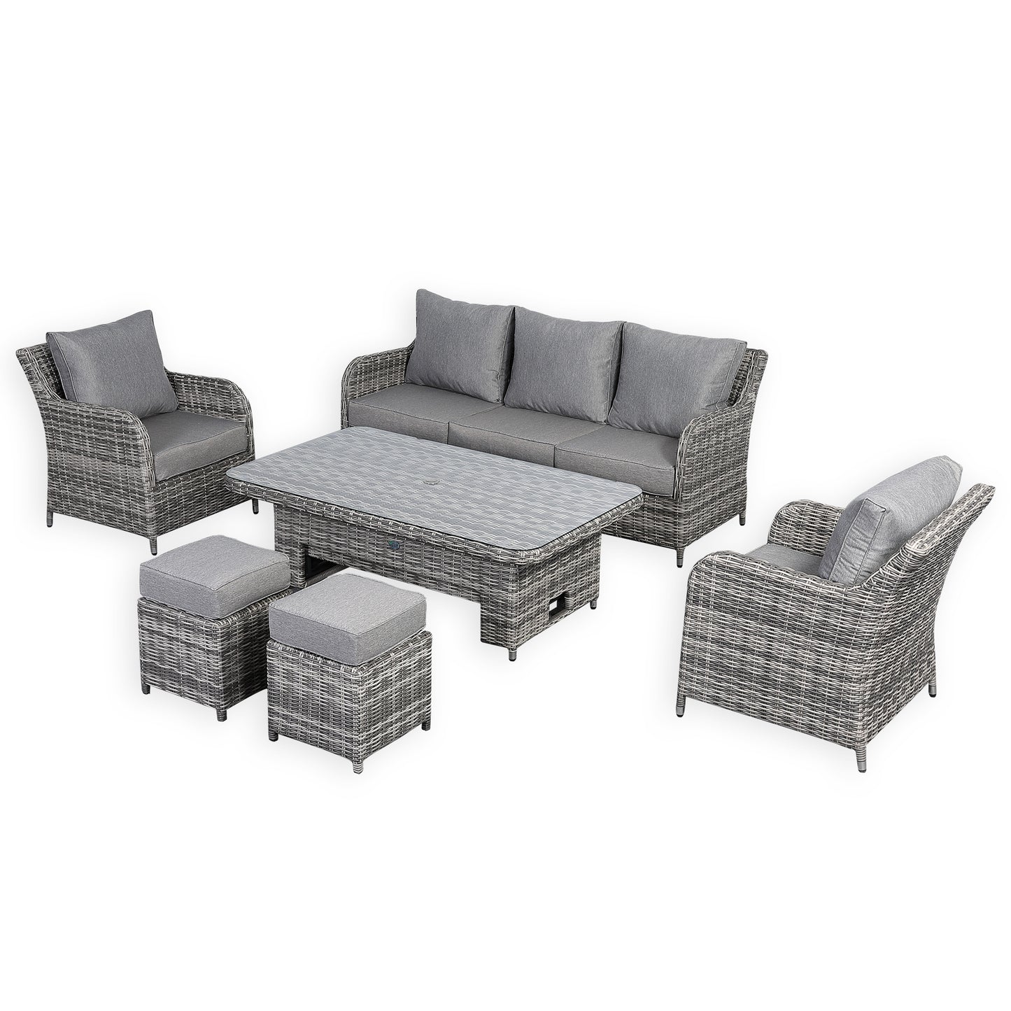 Due in 25/02/25....Sicily Range Aluminium Large Sofa Set with Rising Table in Half Round Grey Weave