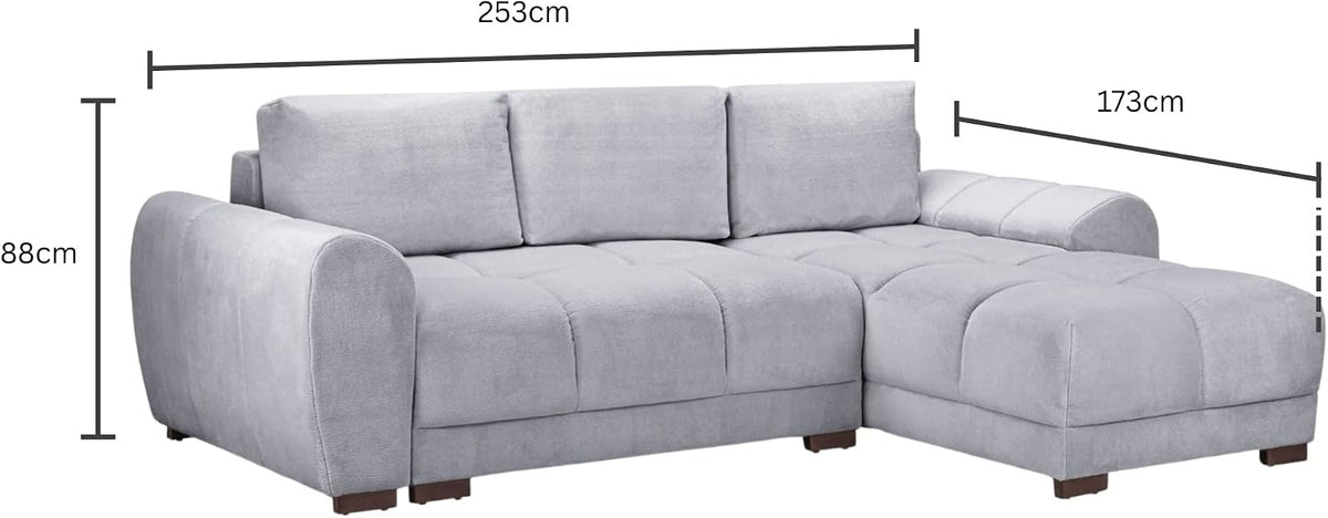Plume Grey Universal Corner Sofa Bed – 4 Seater Plush Velvet Sofabed with Under-Seat Storage
